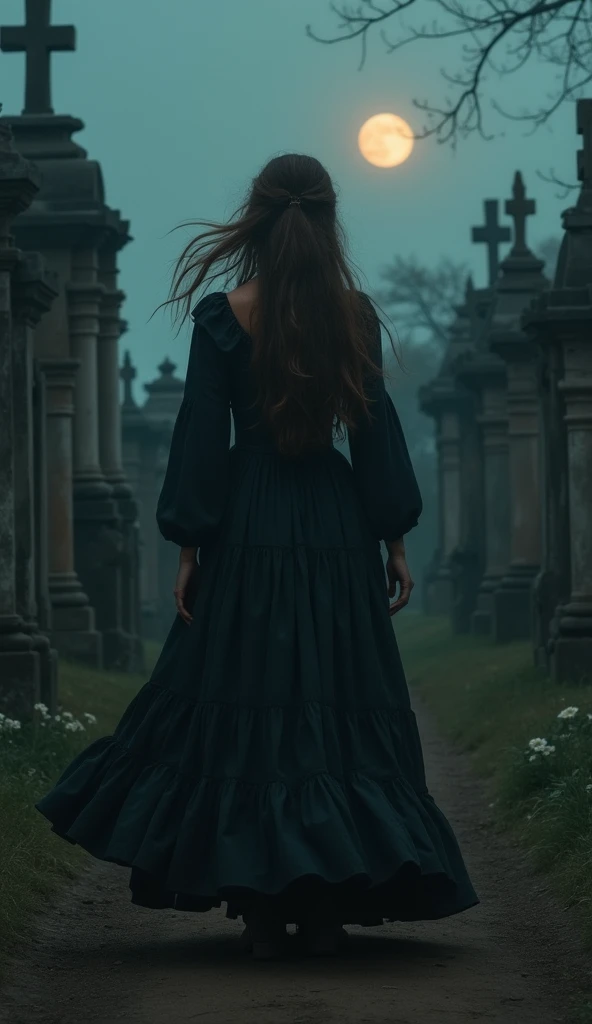  Woman , Loose hair, vestido cor therefore ancient de época,  Woman num cemitério ancient, woman with headstones, Dirt floor, a large wooden casket, therefore, ancient ,,  Woman séria, colar therefore com detalhes roxo escuro,Realistic image, night, moon i...