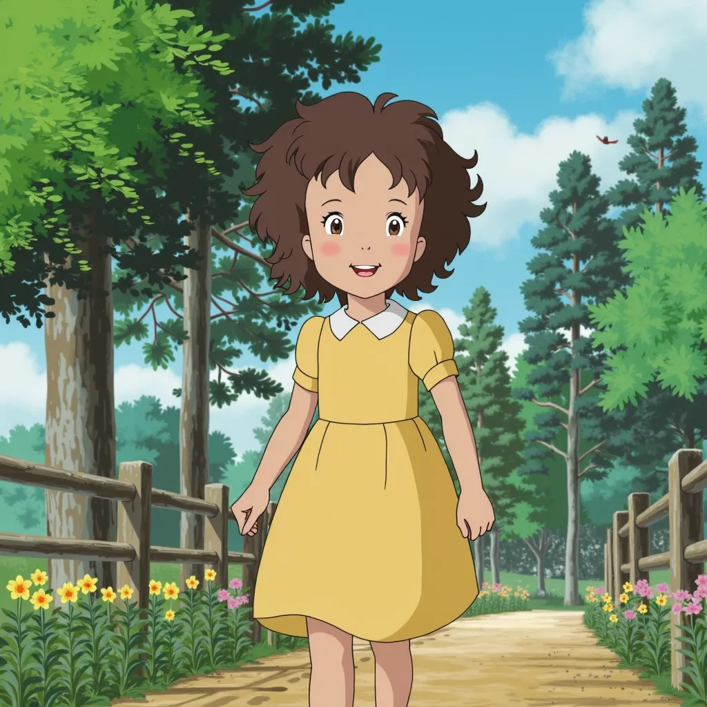 1. Lily loved to explore the park near her house. A young girl with curly brown hair, wearing a bright yellow dress, walks along a scenic park path surrounded by tall trees and colorful flowers. The sun shines warmly, and birds chirp in the background.