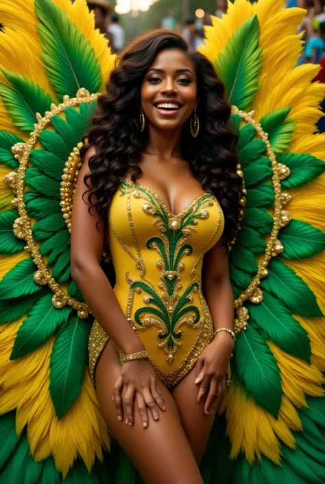 Beautiful black Brazilian woman at rio carnival, she wears a carnival dress with green and yellow plumes, light brown black hair, smiling, big boobs, focus on her legs
