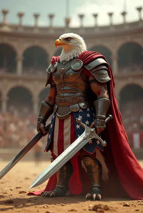 Bald eagle as gladiator in USA themed armor,in gladiator arena, with a greatsword
