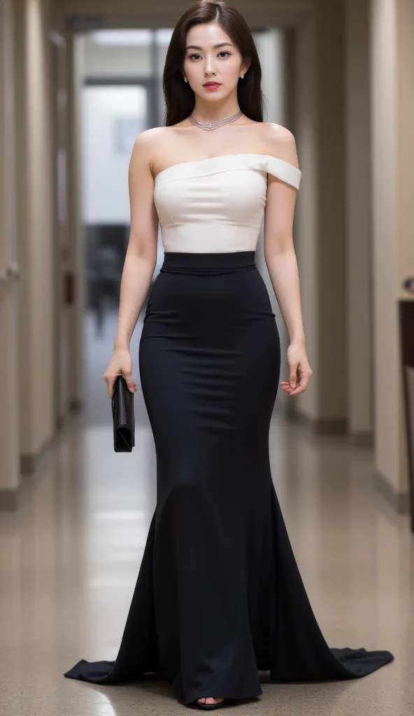  an office lady, stand, use white color sleeveless satin material formal shirt, use a long skirt to the toe fishtail model in black, big breasts