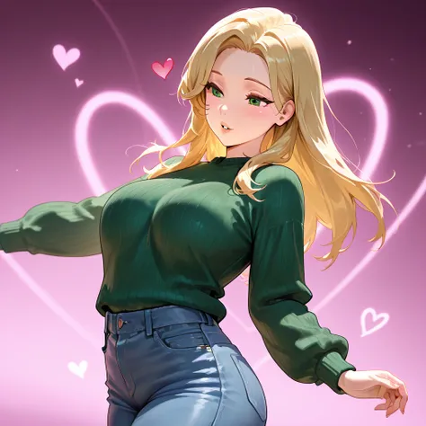 Blonde Hair, Long Hair, Green Eyes, Breasts, Jeans, Green Sweater, Hearts, Solo, Parted Lips, Loving Look, Dancing, Pink Backround, Sexy Body