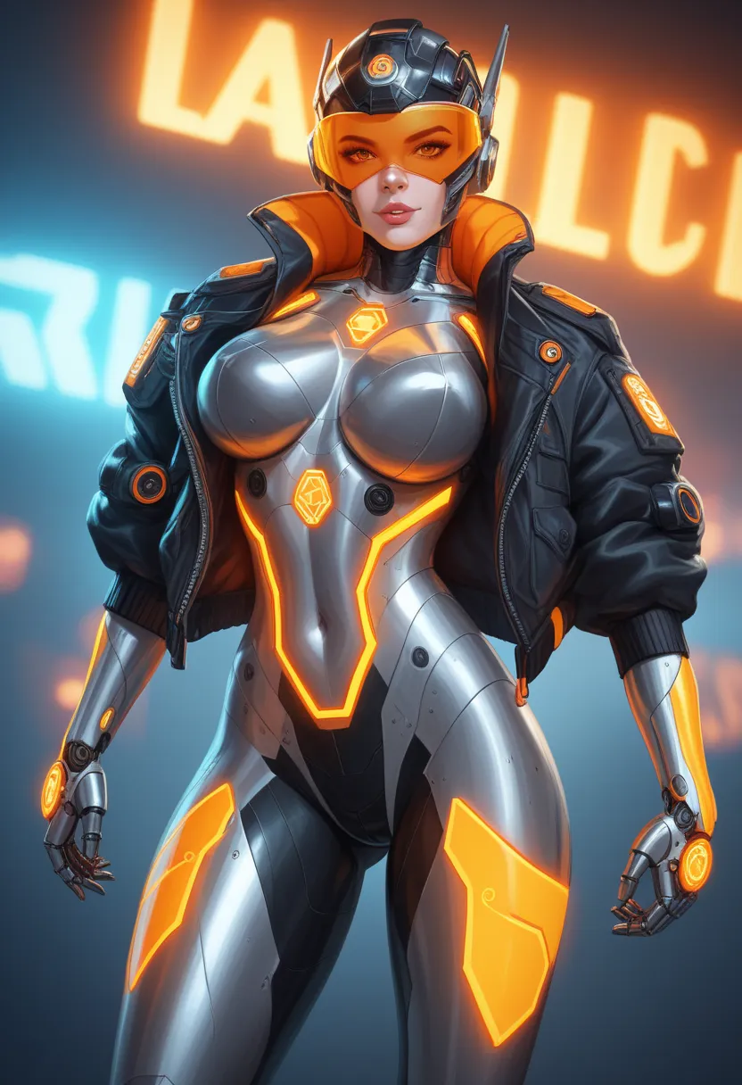 A highly detailed futuristic cybernetic humanoid with a sleek, glossy black metallic exoskeleton. The character wears a high-tech helmet with glowing orange accents, advanced circuitry, and illuminated mechanical components. The visor and facial augmentati...