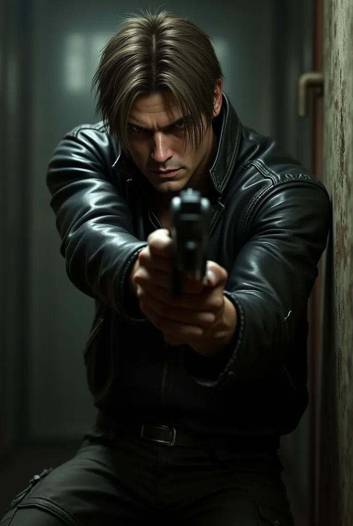  create an image of a 2005 RE4 Leon while maintaining the original lines, Hold the gun close to the face 