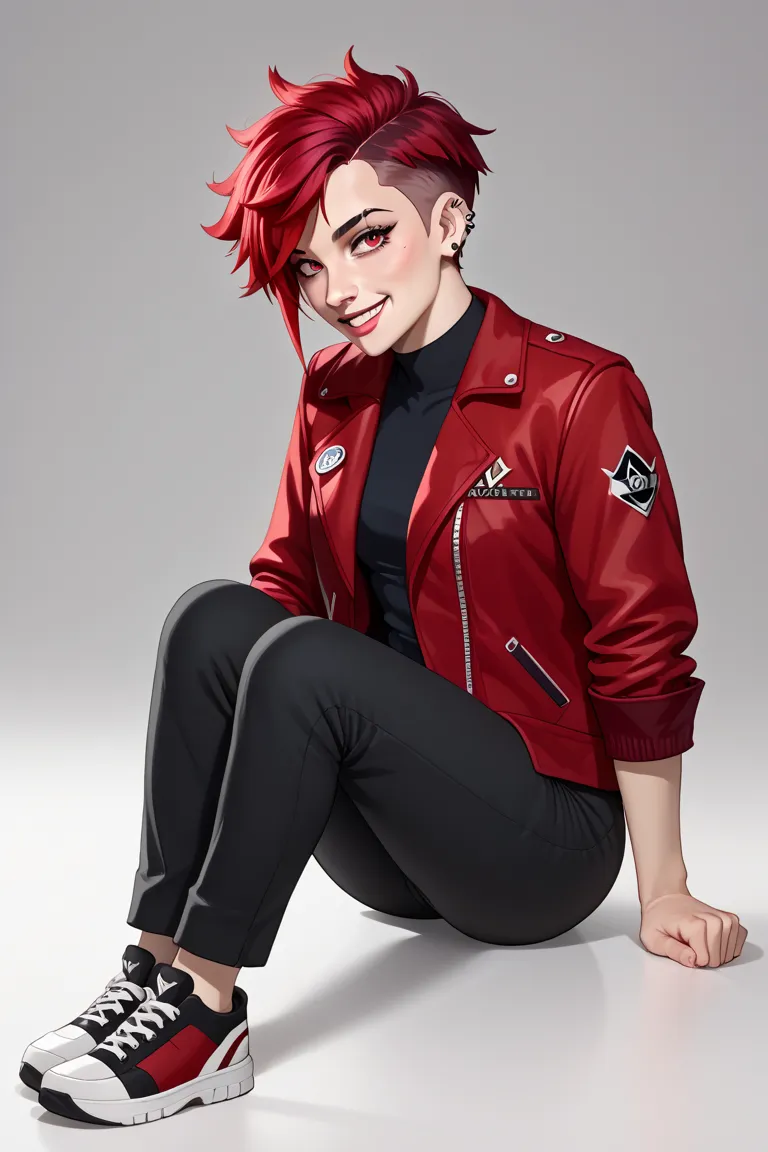 Vi Arcane, anime style,red hair, short hair,( smiling, piercing eyes,  perfect face and body ),red jacket,full body,Black pants,