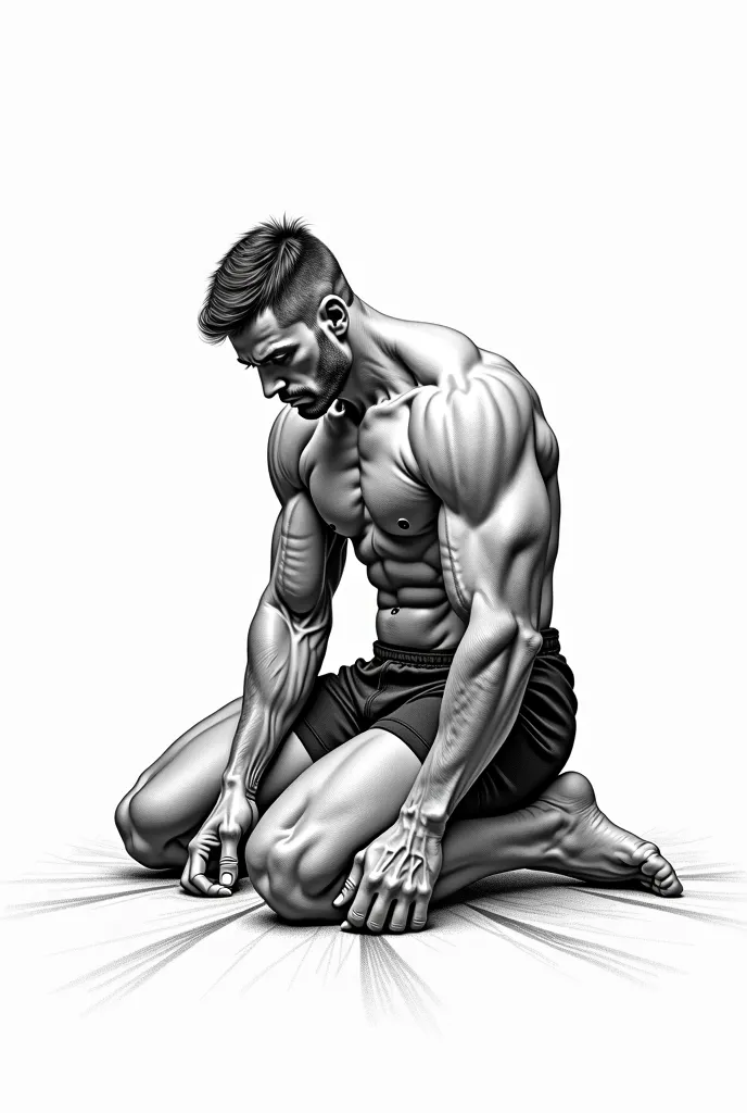 a drawing of a man kneeling down with his hands on his knees, dynamic extreme foreshortening, muscular character, heroic masculine pose, crouching humanoid, powerful stance, dynamic pose perspective, mma southpaw stance, detailed legs looming over you, dyn...