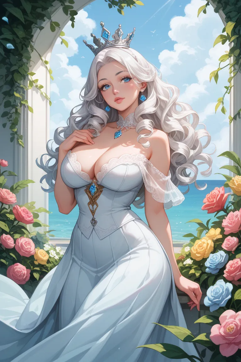 NSFW (no access to),Beautiful girl 1,big breasts,Sea blue eyes,Round eyes ,White eyelashes, small waist ,Red cheeks,Pink Lips, plump thighs ,Long skirt dress like a princess, white hair,Long curly hair,silver crown, blue jewel, flower garden background, wa...