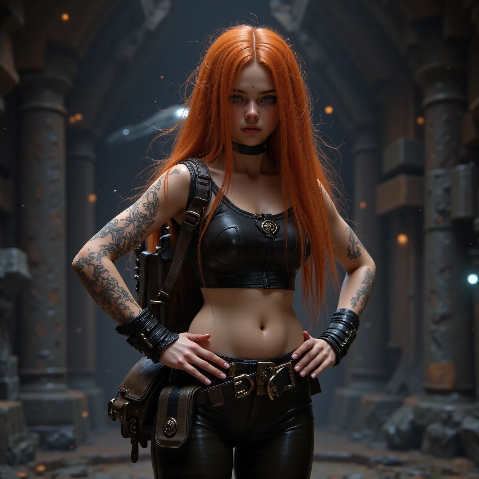 hyper realistic, girl one ginger hair, age-14 in a fantasy rogue outfit, leggings with a small tank top, belts, flat belly, tiny waist, small backpack, space ship, Dark, very dark, exposed belly, showing bellybutton, holding hips, scifi