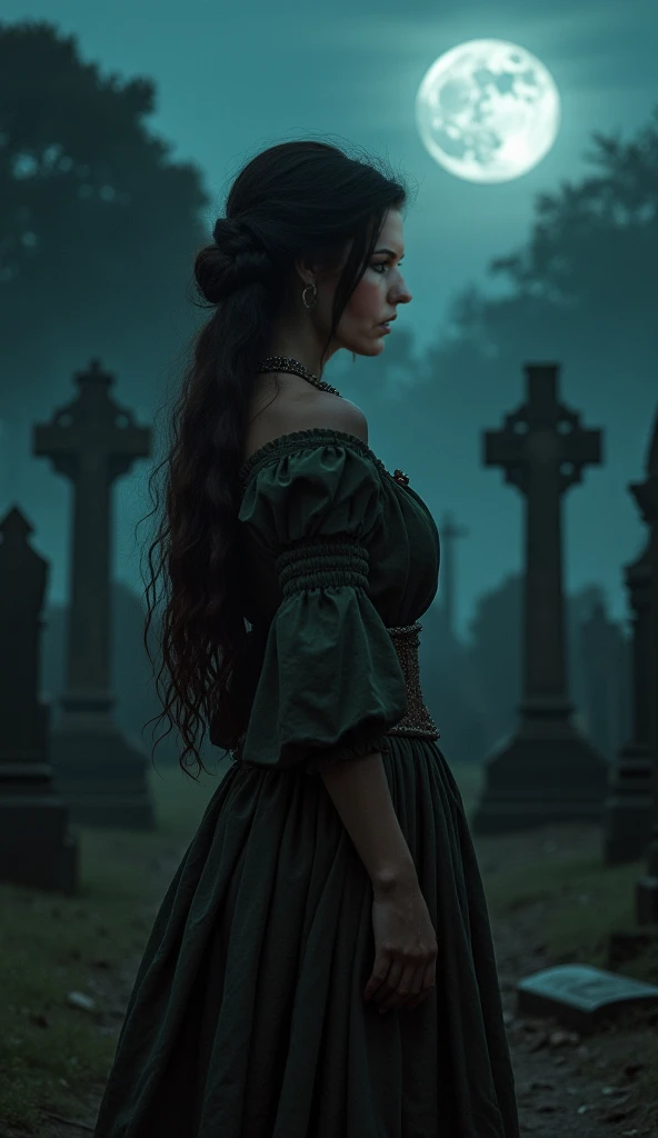  Woman , Loose hair, vestido cor therefore ancient de época,  Woman num cemitério ancient, woman with headstones, Dirt floor, a large wooden casket, therefore, ancient ,,  Woman séria, colar therefore com detalhes roxo escuro,Realistic image, night, moon i...