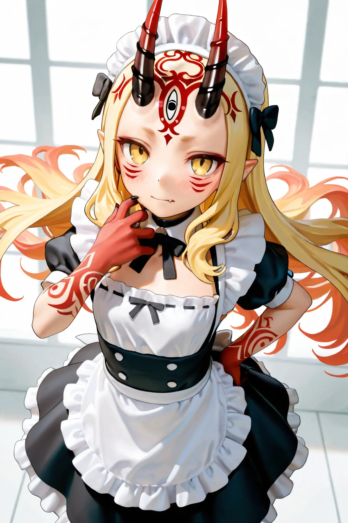 NSFW,masterpiece,Highest quality,Hi-Res,very detailed,Ibaraki Doji\(Fate/Grand Order),long hair、 Gold、side lock、yellow eyes、pointed ears、 face mark 、tattoo、 forehead mark、ghost、horn、Sharp Claws,maid outfit, classic maid, luxury mansion