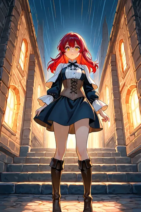 Red Haired Girl　Age 15　 yellow eyes　　anime　comics　　medium chest　One person　perfect fingers　Perfect Anatomy　Mysterious　　 middle ages　long hair　　knee boots　　center division　Forehead　　　　