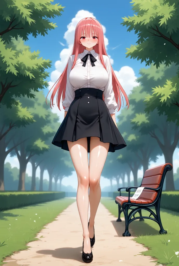 (((anime style))), (((Nami one piece)))
 1 woman, slender, sexy, uniform Office, very short skirt, white blouse, Black high heels、tight black skirt,
( big breasts:1.3), ((full body image)) walking, park, trees, grass, benches, a path.
 A letter on bench