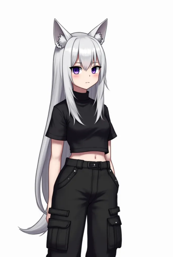 Draw a short girl with wolf ears and long straight white hair. She has pale skin. Her eyes are heterochromical where one is blue and one dark purple. She’s wearing a black crop top and black cargo pants and big breasts 
