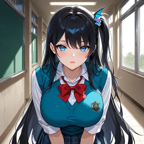 Myusca (Succubus Prison), art style, 1girl, detailed school background, front view, looking at viewer, solo, high quality, succubus, very long hair, blue eyes, black hair, mole, large breasts, hair ornament, skirt, school uniform, shirt, one side up, plaid...