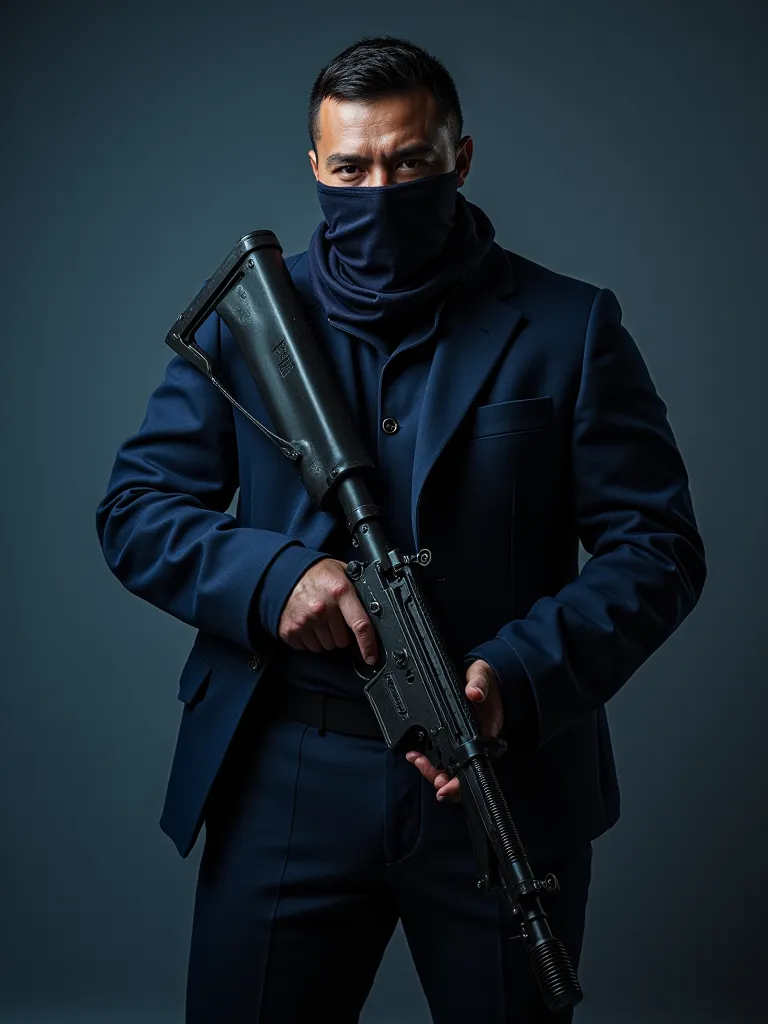 a man, wearing a blue night soldier's suit, guerrilla fighter ,  holding a rifle in his hands, using a black handkerchief to cover her mouth, Serious, warrior, dynamic pose,  strong man, high resolution, 