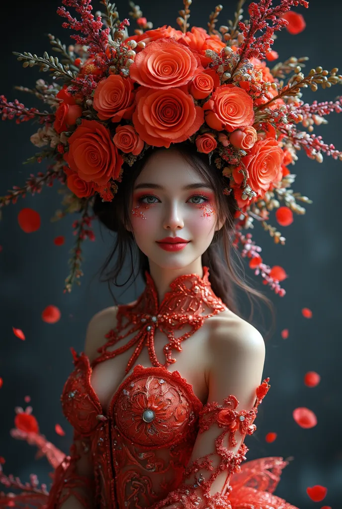 ((Top Quality))、((masterpiece))、(( anthropomorphic headshot))、anthropomorphic fairy roses 、(Body and rose fusion )、Glowing Body,  Shining Rose, rose motif ornaments 、stares at viewers、 A beautiful figure that doesn't seem like it's from this world, Myriad ...