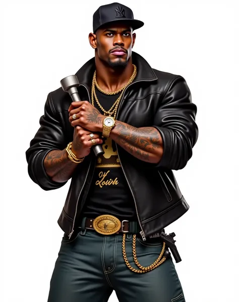 Create a Muscular black man with a gangster aesthetic, wearing a black leather jacket with gold trim, a black shirt with a bold design, baggy jeans with a gold chain hanging from the belt loop, a large flashy belt buckle, multiple gold chains, a gold watch...