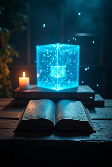 a library table with an old book opened on the table, Candle Light, with numbers and glowing etheric codes around it. a translucent blue illuminated cube floating in the background, sacred geometry