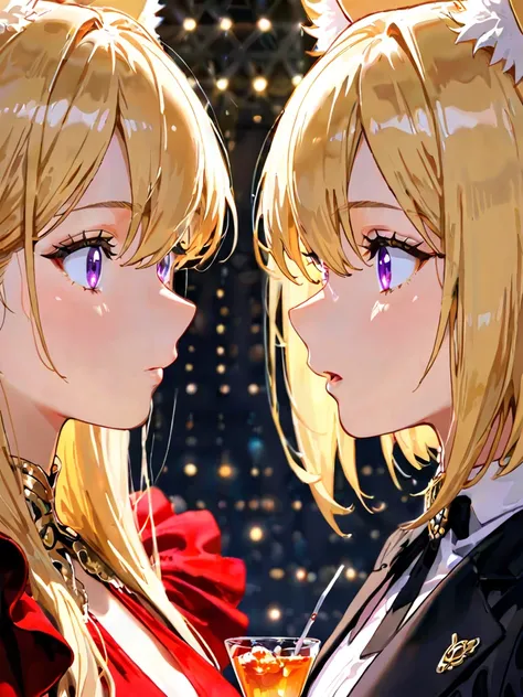 2girls, long blonde hair, hair inbetween eyes, cute, detailed eyes, purple eyes, facing viewer, sexy, welcome to Enigma, holding a cocktail, formal attire, black and gold dress, High Resolution, Masterpiece, Accurate, Anatomically Correct, Best Quality, De...