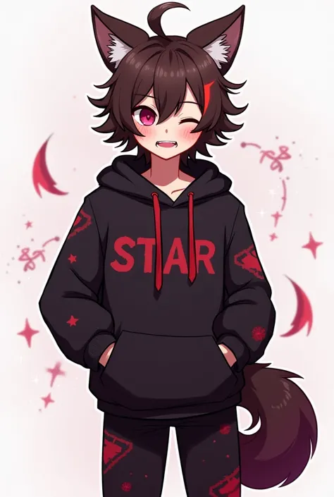 Make a character named Star with brown hair with red highlights, wolf ears, a wolf tail with red highlights, wearing a black and red hoodie and pants, fangs coming from his mouth, a red star mark of his left cheek, Cosmic magic, a red cosmic soul by his he...