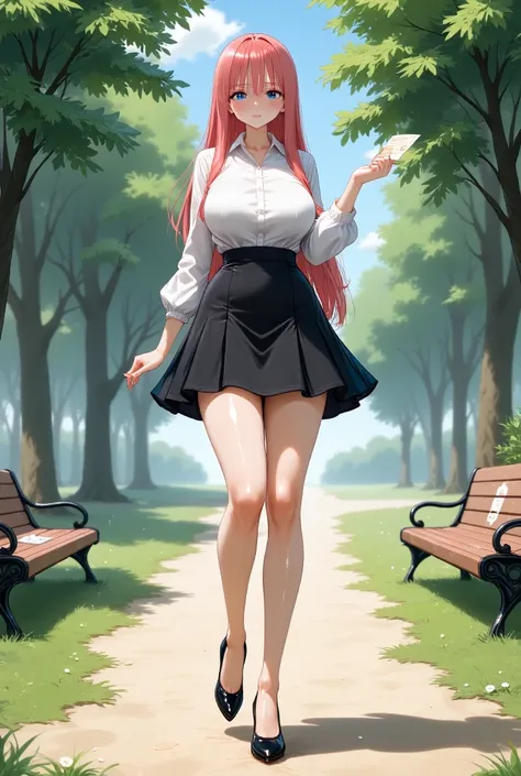 (((anime style))), (((Nami one piece)))
 1 woman, slender, sexy, uniform Office, very short skirt, white blouse, Black high heels、tight black skirt,
( big breasts:1.3), ((full body image)) walking, park, trees, grass, benches, a path.
 A letter on bench