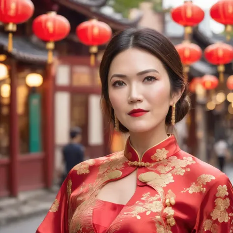 best quality, highres, 8k, masterpiece, photography, detailed midbody photorealistic portrait. Mandy Moore stands gracefully in the heart of Chinatown in Singapore, wearing a stunning red silk qipao with golden embroidery, featuring a high collar and a thi...