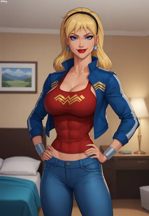 safe_pos, PonyXLV6_Scores BREAK (((parody style, parody:1.2)), perfect anatomy, cowboy shot) 1girl, blonde hair, blue eyes, ((looking at viewer)), hairband, blue bomber jacket, star earrings, blue jeans, curvy,  athletic, standing, hand on hip, indoors, be...