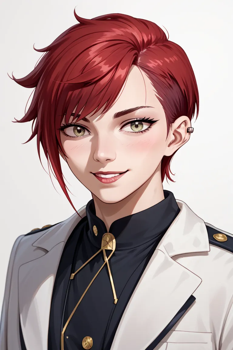 Vi Arcane, anime style,red hair, short hair,( smiling, piercing eyes,  perfect face and body ),full body,Looking straight ahead