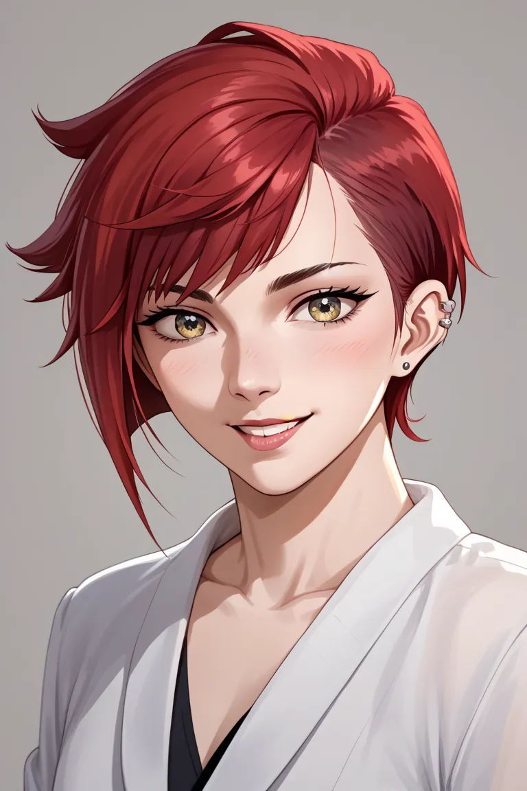 Vi Arcane, anime style,red hair, short hair,( smiling, piercing eyes,  perfect face and body ),full body,Looking straight ahead