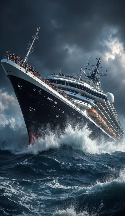 A large luxury cruise ship is tossed about in the middle of a terrible storm at sea. Giant waves as tall as buildings crash against the ship, crashing onto the deck and almost engulfing it. The dark sky is filled with terrifying storm clouds, while strong ...