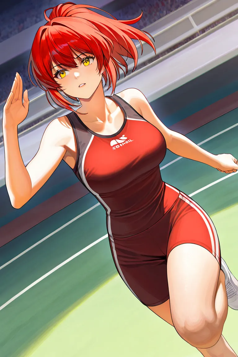 Red Haired Girl　Age 15　 yellow eyes　　anime　comics　　medium chest　One person　perfect fingers　Perfect Anatomy　Mysterious　　  sports　running　long hair　　　　center division　Forehead　　　　