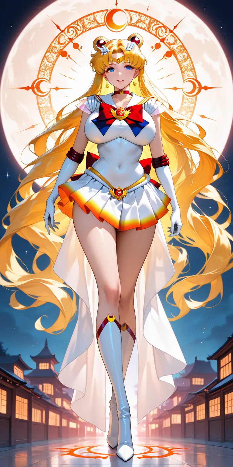 Masterpiece, newest, vibrant, mature woman, princess sailor moon, tall, big breast, white sailor senshi uniform (white shirt, white gauntlets, white skirt, orange color in inner layer skirt, white high boots), tribal fire symbol on back, full body, parted ...