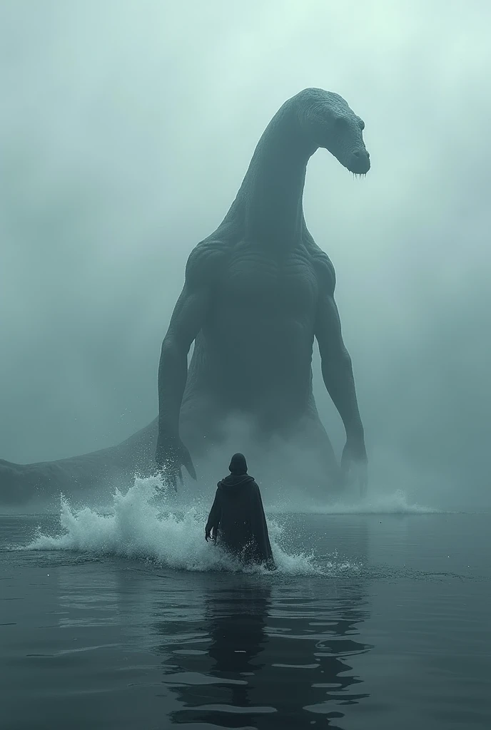  Nessie. A huge , shadowy creature breaks through the surface of foggy Loch Ness