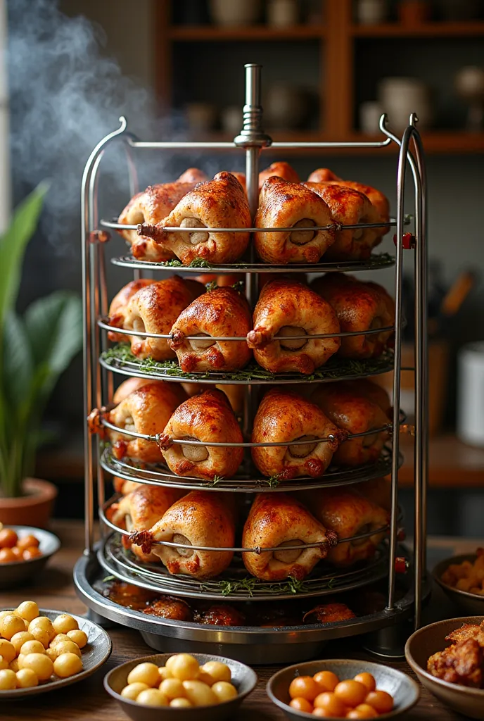 Rôtisserie avec la machine avec plusieurs niveaux remplis des poulets et en bas des petites pommes de terre avec beaucoup de jus