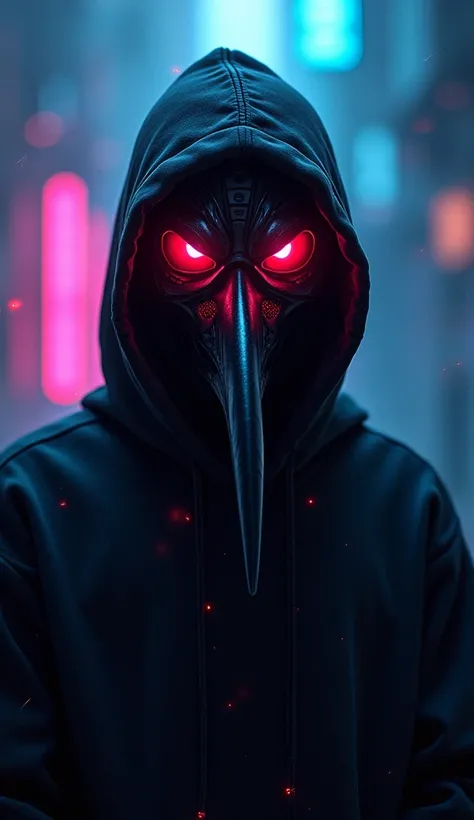 Your eyes shine brightly in a vibrant neon tone, with their face hidden by a black long-beaked mask, similar to a plague doctor. The art style is hyper-realistic with cyberpunk touches, radiating a dark and intimidating presence. The fabric of the sweatshi...