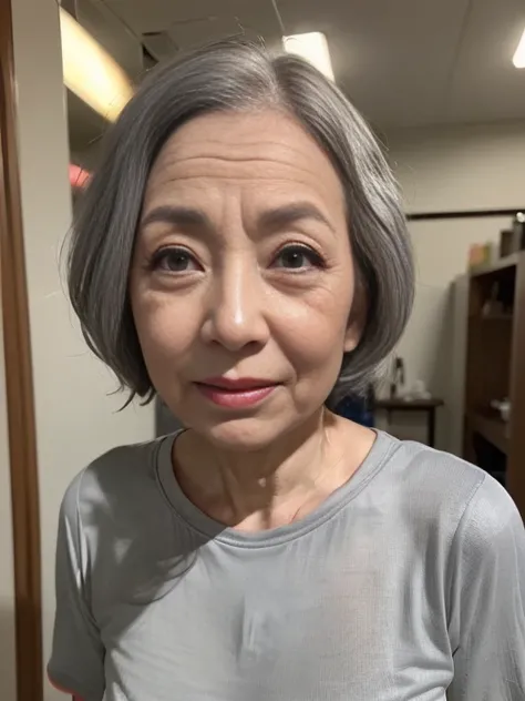 solid circle eyes, amber eyes,  Sanpaku, (parted lips:2), expressions, guilt, depth of field, cinematic lighting, UHD, masterpiece, anatomically correct, textured skin, super detail, best quality, 8k、(Japanese mature 70 year old woman:1.4)、(((Alone:1.4)))、...