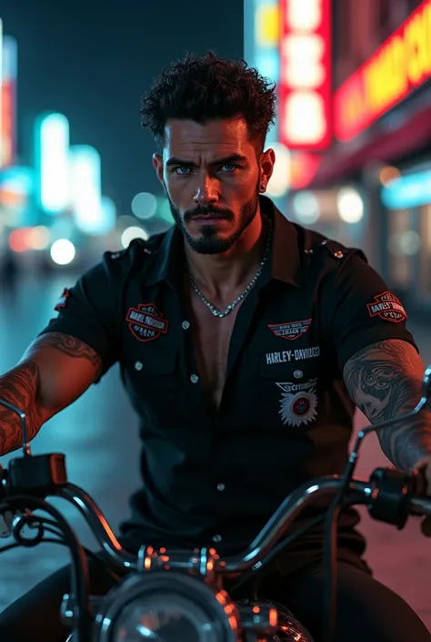 A highly realistic, aesthetic young man in his mid-twenties with short, curly black hair. He has a muscular build, a well-groomed beard, and is covered in tattoos. His piercing blue eyes and dominant facial features give him a mysterious and dangerous aura...