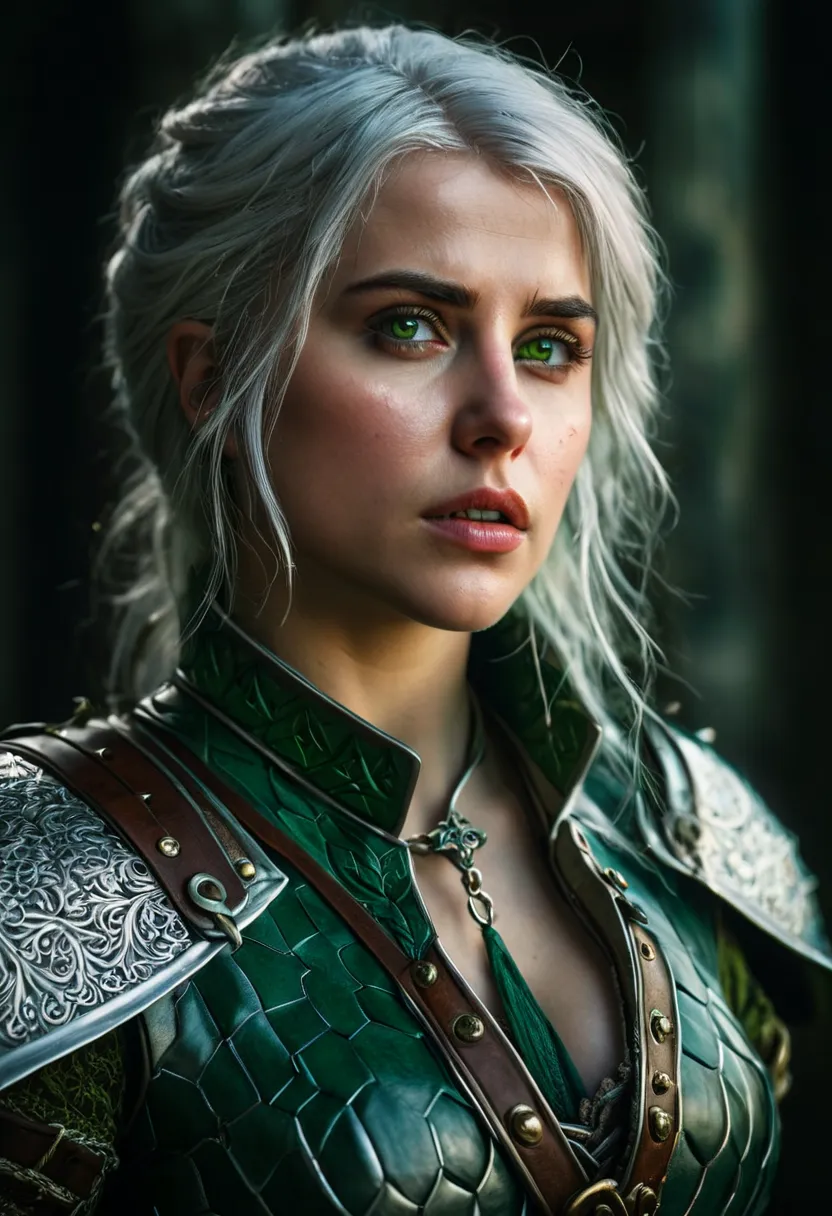 intricate portrait of ciri the witcher, beautiful detailed eyes, beautiful detailed lips, extremely detailed face and features, hyperrealistic, cinematic lighting, ornate medieval fantasy armor, flowing silver hair, piercing green eyes, detailed skin textu...