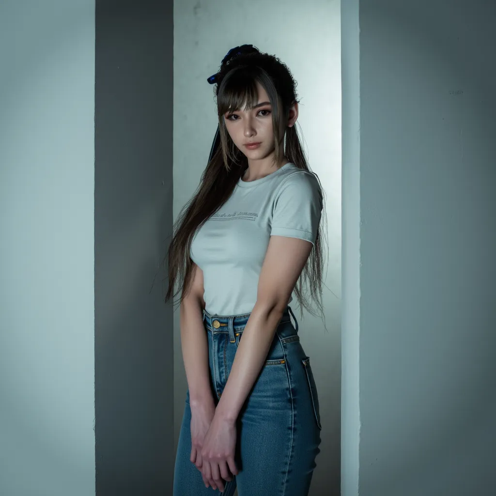 1girl,full body,long black hair,(close up:1.0),(from above:1.0),Standing inbetween the viewer and a wall, arms down, hands on hips,T shirt, High wait jeans, Ankle boots