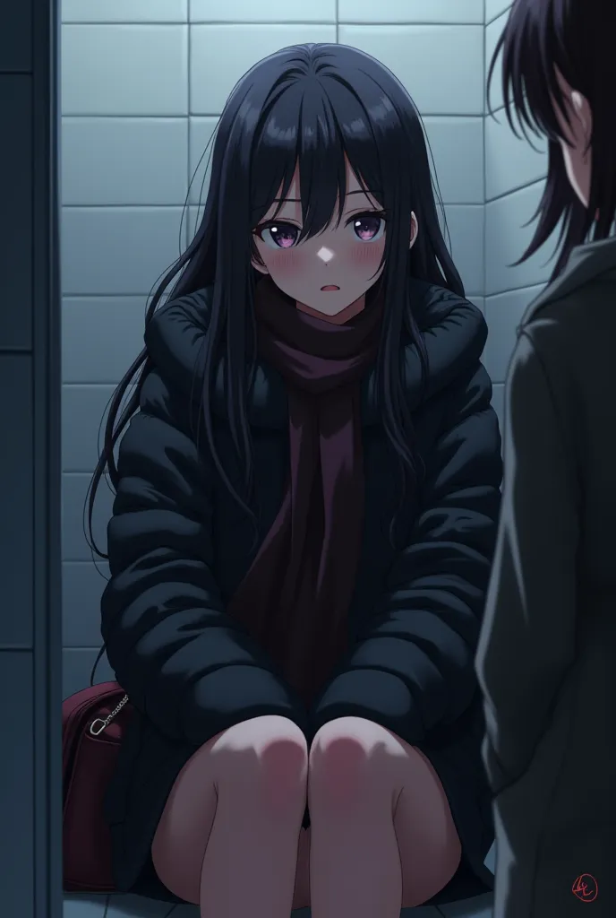 Rich sexy black long hair anime girl with black puffer jacket(closed front),bag,scarf, sitting in a toilet and other girl watching her