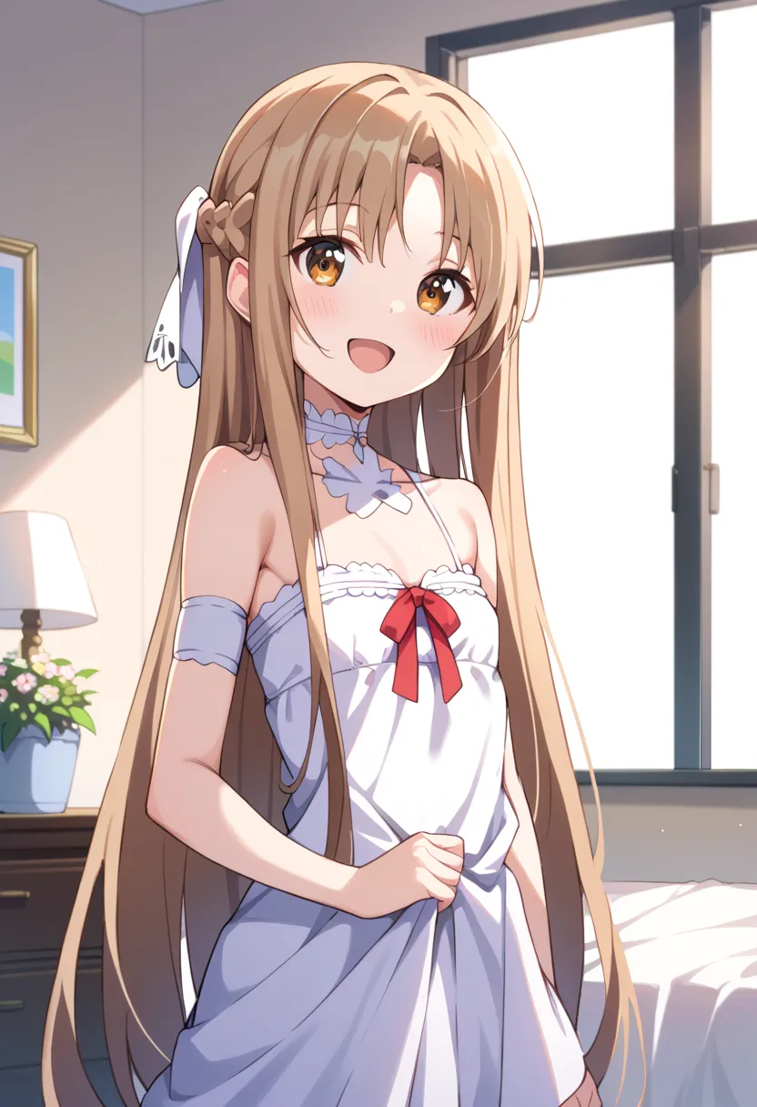 ((Highest quality)), ((masterpiece)), (be familiar with), perfect face, indoors, bedroom, watching viewers,
One woman, Asuna Yuki,
open mouth, ecstatic expression, blush, smile,
 small tits, flat chest, Young girl,  lori,  ,  girl,
long hair, long hair,
 o...