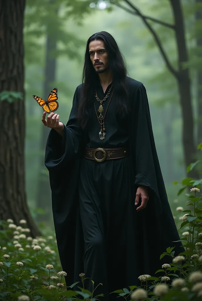 4k,  tall man, long black hair,  yellow pupils , handsome,  in a forest , walking, with a butterfly on his finger,  in the middle of a forest, surrounded by fantastic creatures, high quality, 4k, mysterious.