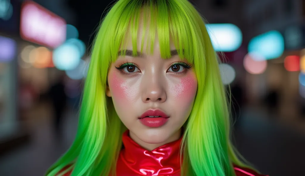 hyper-realistic and hyperdetailed portrait of a young beautiful Korean young woman, captured from a straight-on angle. She has flawless glamour makeup features glittering green smoke eyeshadow, soft pink blush-on, pink glossy shimmering lips, shimmer highl...