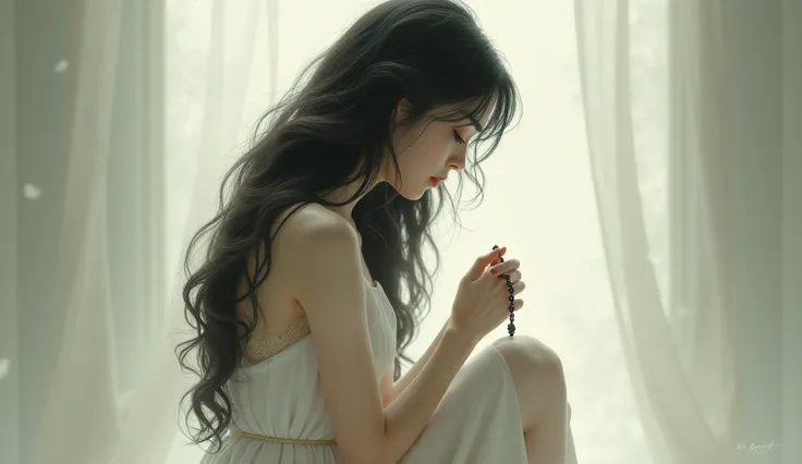 Girl in profile, con cabello largo, dark and wavy , white dress with blondes , kneeling holding a rosary in her hands,