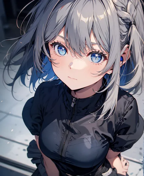 [one girl,  comments,  expressionless,  positive for home, (gray hair:1.5), straight hair , (shortcut from elbow to hand:1.4),( blue eyes:1.3), Oversized Black Jacket , black skirt, long boots、try as hard as one can、 gloves up to the elbow 