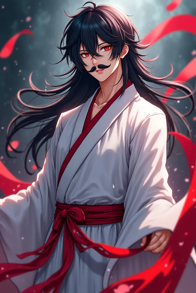 Male anime with long hair with a long mustache wearing white clothes and with a red ribbon on the sides