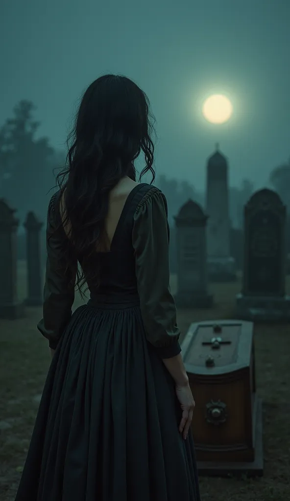  Woman , Loose hair, vestido cor therefore de época,  Woman num cemitério ancient, woman with headstones, Dirt floor, a large wooden casket, therefore, ancient ,,  Woman séria, colar therefore com detalhes roxo escuro,Realistic image, night, moon in the sk...