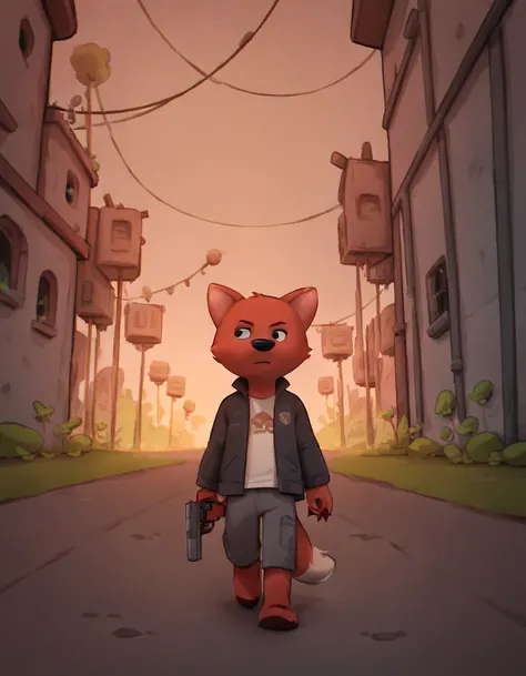  score_9, score_8_up, score_7_up, score_6_up,
Lisichka, black eyes, black nose, eyelasher, white tip of tail, young, younger, barefoot, walking, dead city, ruins, serious face, gray pants, black jacket, evening, holding pistol, holding weapon, pistol
