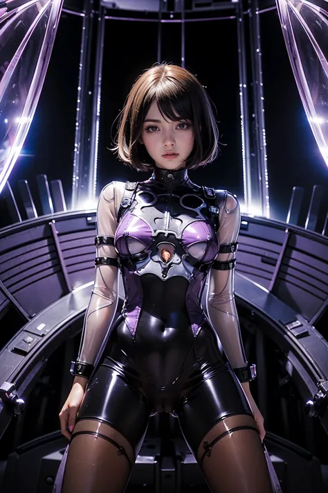 high image quality 、 exhaustive、 darkroom、 、 A secret underground base control room chair  、Woman guarding、Team Members、  beautiful body 、 beautiful face、  dark eyes、 black hair short 、  purple bodysuit 、(((  in a dark room )))、(Transparent bodysuit:1.8、  ...