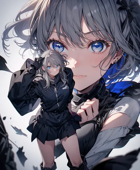 [one girl,  comments,  expressionless,  positive for home, (gray hair:1.5), straight hair , (shortcut from elbow to hand:1.4),( blue eyes:1.3), Oversized Black Jacket , black skirt, long boots、try as hard as one can、 gloves up to the elbow 